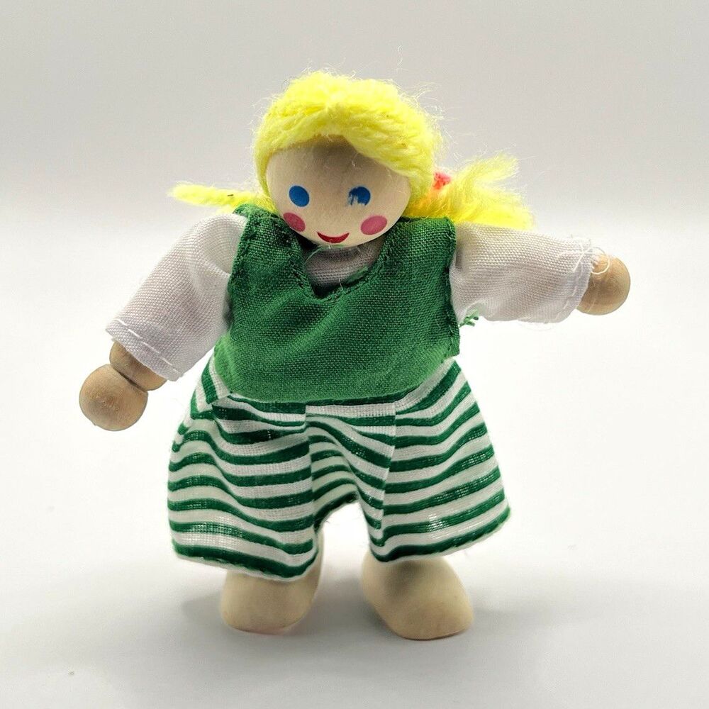 Melissa & Doug Wooden Poseable Dollhouse Doll Figure Blonde Girl Green Vintage